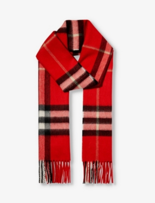 Shop Burberry Womens Red Giant Check Tasselled-trim Cashmere Scarf