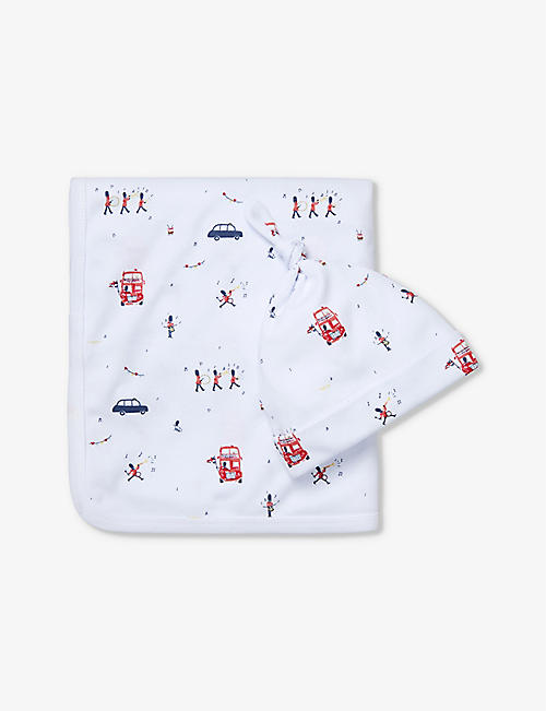 THE LITTLE WHITE COMPANY: London graphic-print organic-cotton hat and blanket set