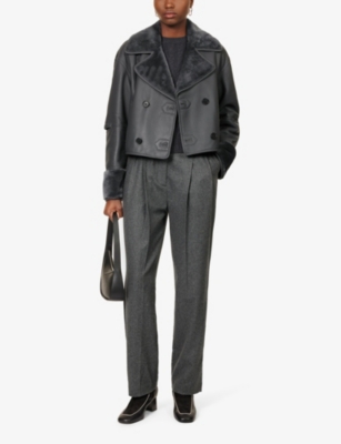 Shop Anne Vest Women's Dark Grey Ava Shearling-trim Leather Jacket