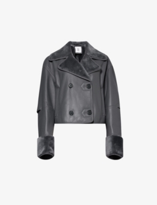 Anne Vest Womens Dark Grey Ava Shearling-trim Leather Jacket