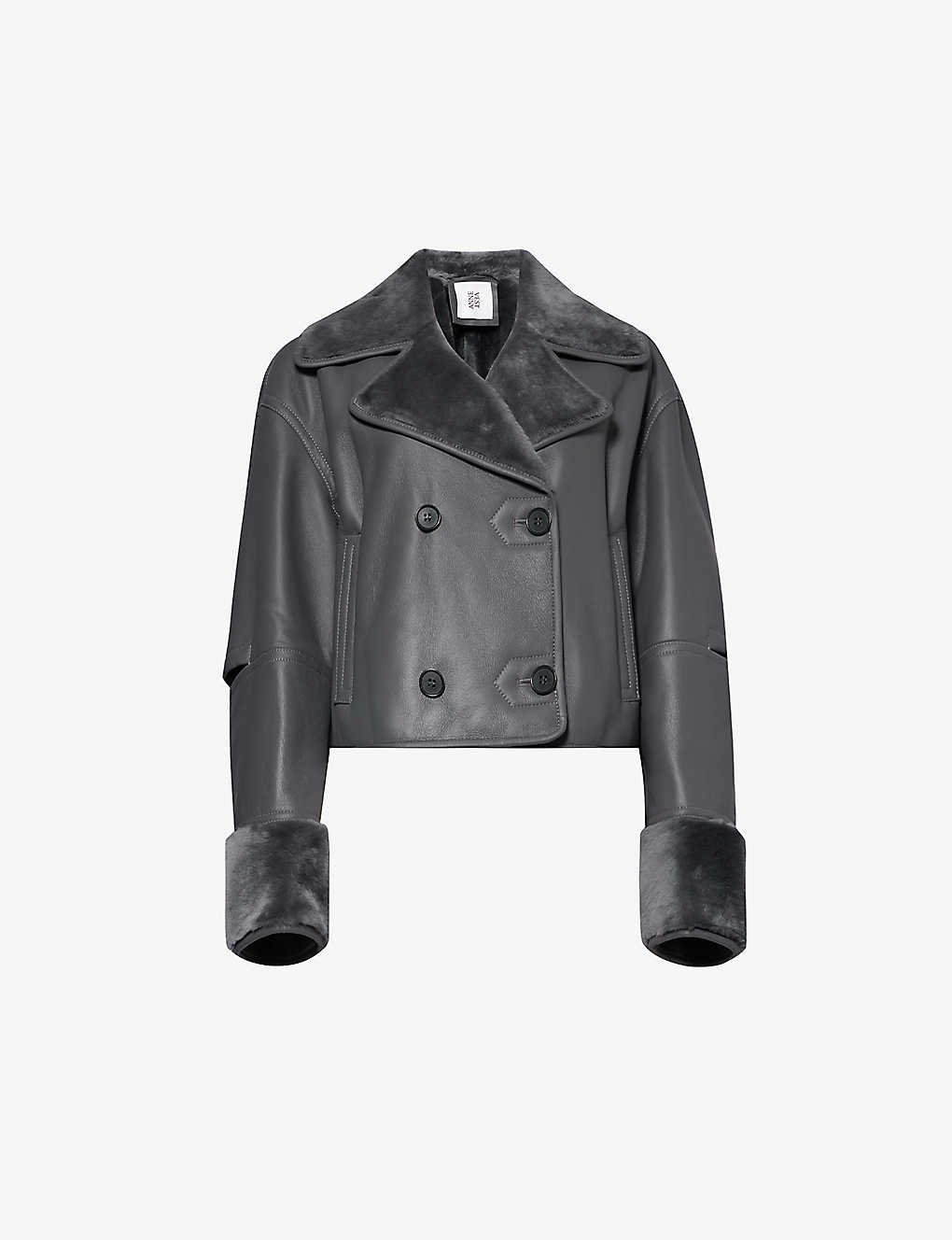 Anne Vest Womens Dark Grey Ava Shearling-trim Leather Jacket
