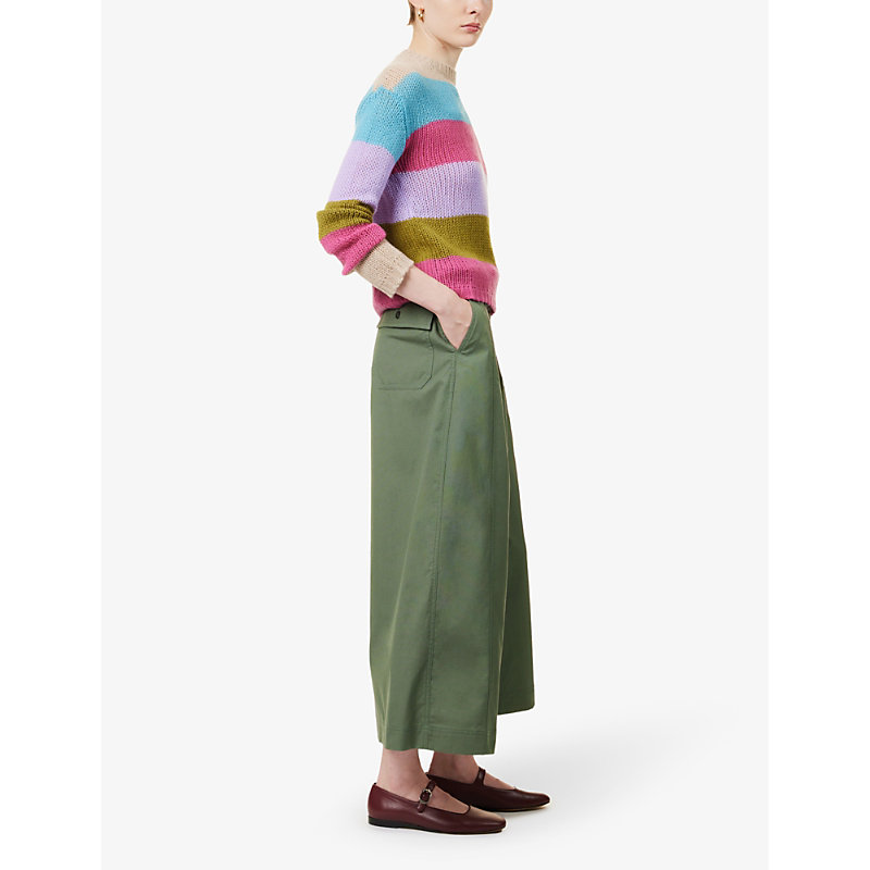 Shop Weekend Max Mara Recco Pleated Wide-leg High-rise Cropped Cotton-poplin Trousers In Green
