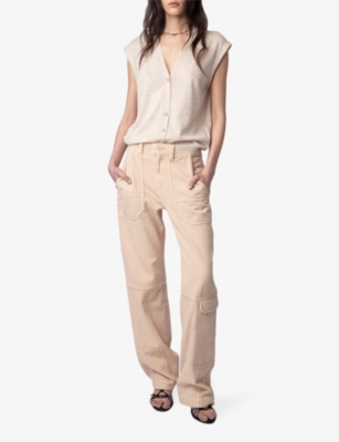 Shop Zadig & Voltaire Zadig&voltaire Women's Sugar Pepper Contrast-pipping Wide-leg Mid-rise Cotton-twill Trousers