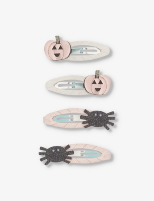 Mimi & Lula Pumpkin And Spider Grosgrain-ribbon Wrapped Pack Of Four Hair Clips In Multi