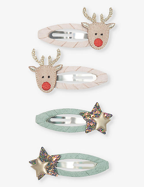 MIMI & LULA: Christmas reindeer and stars fabric hair clips pack of four