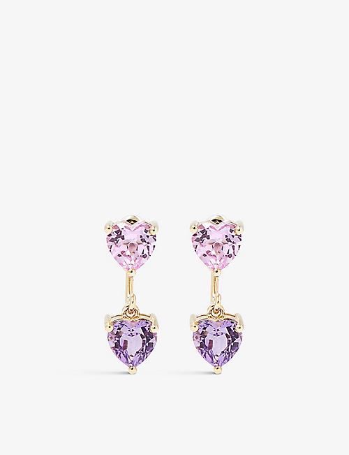 YVONNE LEON: Multi Heart 9ct yellow-gold, 1.26ct amethyst and 2ct glass earrings