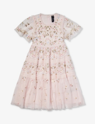 NEEDLE & THREAD NEEDLE AND THREAD GIRLS PEONY PINK KIDS GARLAND RIBBON FLOWER-EMBROIDERED RECYCLED-POLYESTER DRESS 4