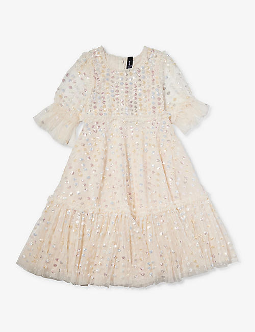 NEEDLE AND THREAD: Raindrop sequin-embellished recycled-polyester dress 4-10 years