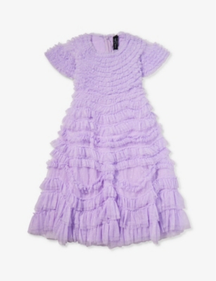 NEEDLE & THREAD NEEDLE AND THREAD GIRLS PERIWINKLE PURPLE KIDS WILD ROSE RUFFLE RECYCLED-POLYESTER DRESS 4-10 YEARS