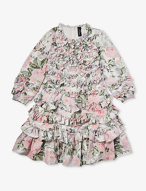 NEEDLE AND THREAD: Flower-print ruffle recycled-polyester dress 4-10 years