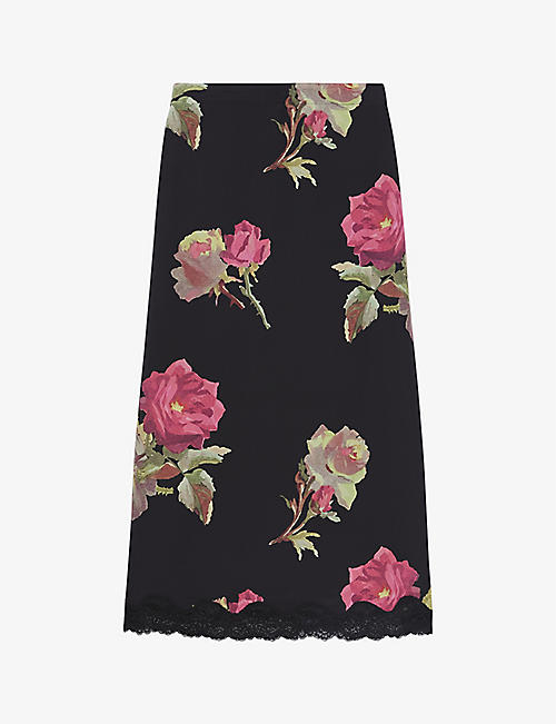 : Floral-print straight-fit silk midi skirt