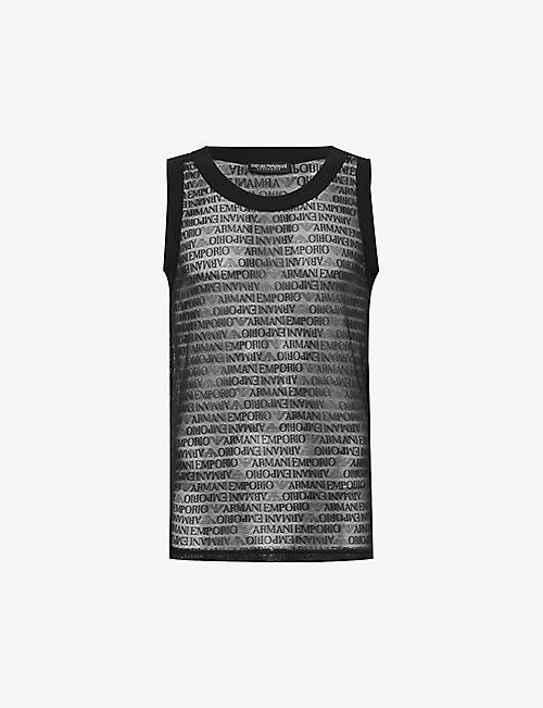 EMPORIO ARMANI: Branded-print sleeveless stretch-mesh top