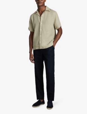 Shop Reiss Men's Chartreuse Beldi Cuban-collar Relaxed-fit Linen Shirt
