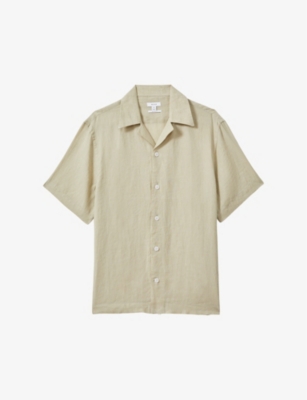 Shop Reiss Men's Chartreuse Beldi Cuban-collar Relaxed-fit Linen Shirt