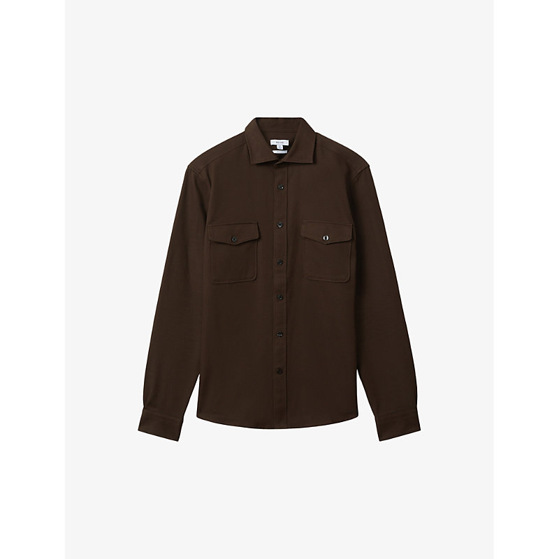 Shop Reiss Men's Chocolate Arlo Regular-fit Long-sleeve Cotton Overshirt