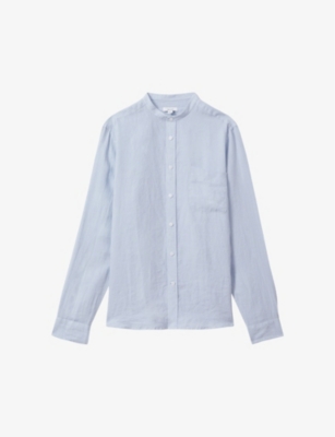 Shop Reiss Men's Light Blue Ocean Grandad-collar Striped Linen Shirt