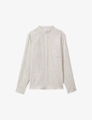 Reiss Mens Stone Ocean Grandad-collar Striped Linen Shirt