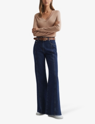 Reiss Camel Brady Jersey V-neck Top In Brown