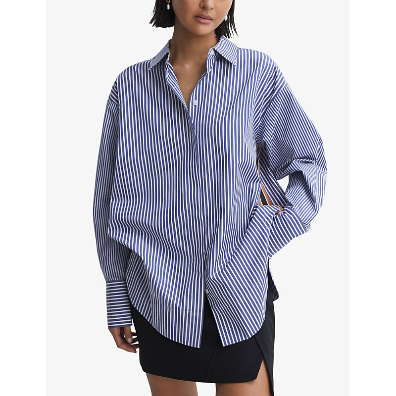 Shop Reiss Danica Striped Oversized Woven Shirt In Blue/white