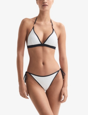 Shop Reiss Women's White/navy Rutha Contrasting-trim Stretch Recycled-nylon Bikini Top