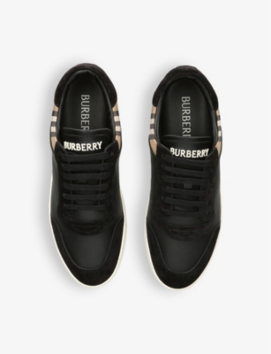 Shop Burberry Mens Blk/beige Stevie Check-print Leather Low-top Trainers