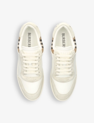 Burberry Men Stevie Leather And Check Canvas Sneakers In White/comb