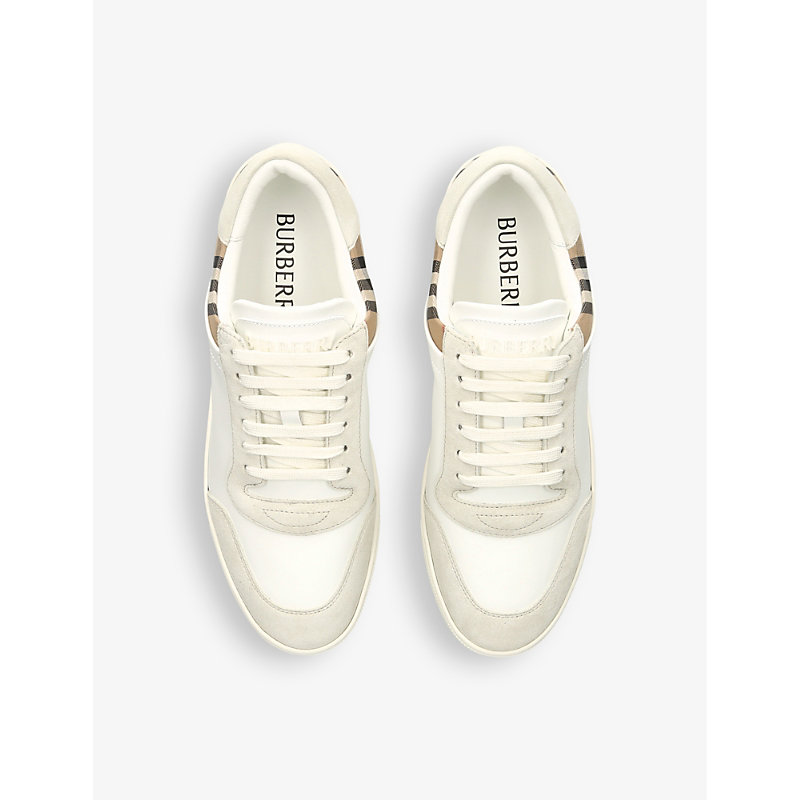 Shop Burberry Mens White/comb Stevie Check-print Leather Low-top Trainers