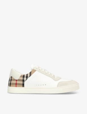 Shop Burberry Men's White/comb Stevie Check-print Leather Low-top Trainers