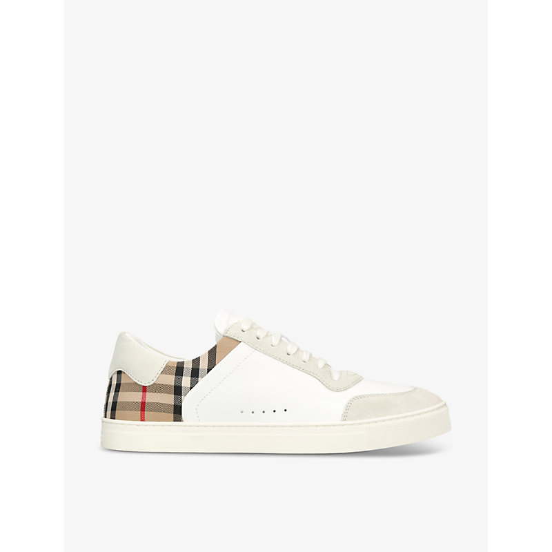 Shop Burberry Stevie Check-print Leather Low-top Trainers In White/comb