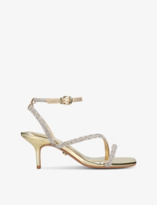 Shop Carvela Women's Gold Paparazzi Low 55 Crystal-embellished Woven Heeled Sandals