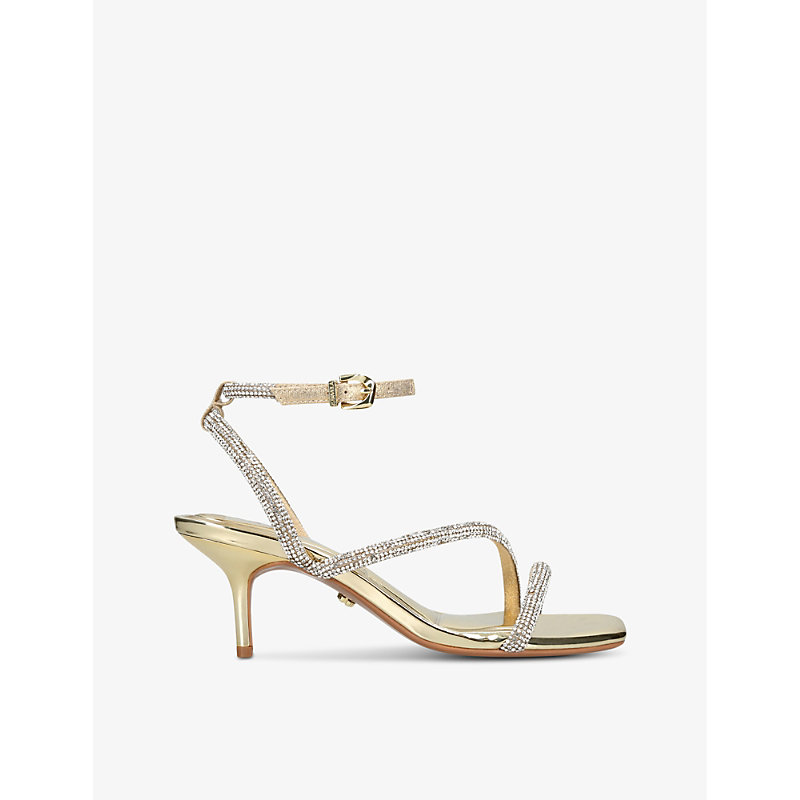 Shop Carvela Paparazzi Low 55 Crystal-embellished Woven Heeled Sandals In Gold