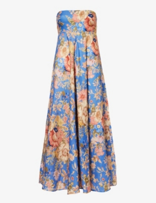 ZIMMERMANN ZIMMERMANN WOMEN'S DUSTY BLUE FLORAL AUGUST FLORAL-PRINT LINEN MIDI DRESS