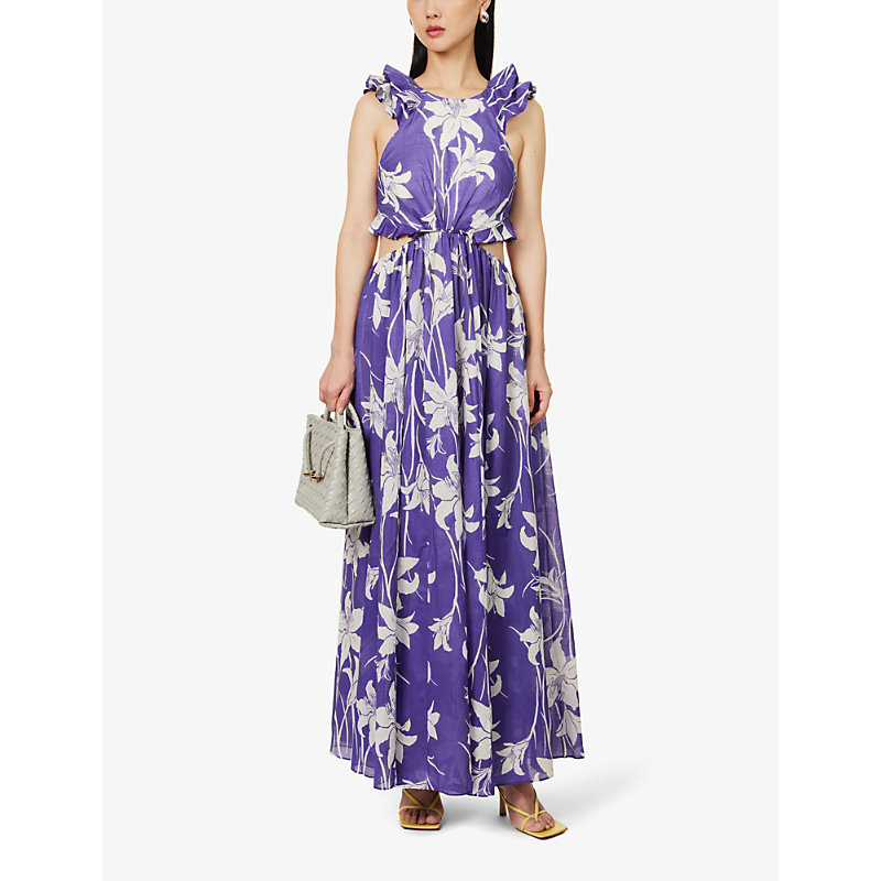 Shop Zimmermann Womens Blue/ivory Floral Acadian Ruffled Floral-print Cotton-poplin Maxi Dress In Multi-coloured