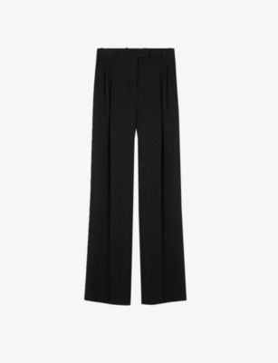 VERSACE VERSACE WOMENS BLACK PLEATED STRUCTURED-WAIST WIDE-LEG MID-RISE STRETCH-WOOL TROUSERS