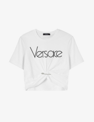 Versace Safety-pin Logo Embroidered Crop T-shirt In White Black