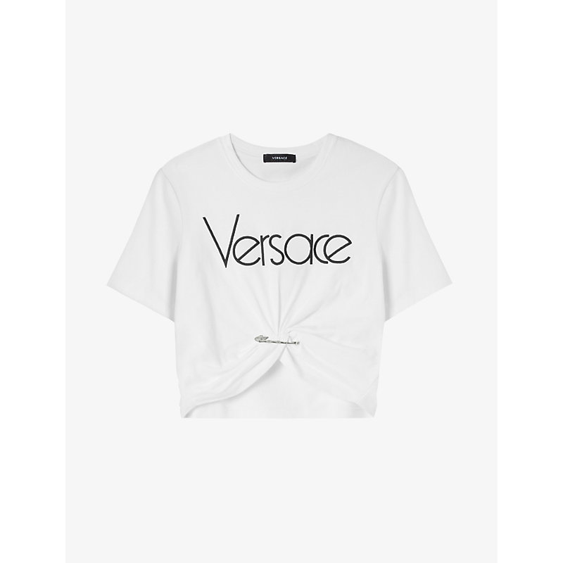 VERSACE VERSACE WOMEN'S WHITE BLACK SAFETY PIN BRAND-EMBROIDERED COTTON T-SHIRT