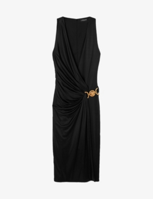 Versace Box-pleat Sleeveless Midi Dress In Black