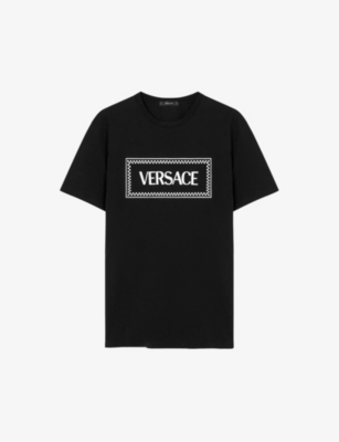 VERSACE VERSACE WOMEN'S BLACK WHITE 90S LOGO-EMBROIDERED COTTON-JERSEY T-SHIRT