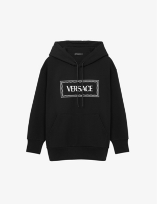 VERSACE VERSACE WOMEN'S BLACK WHITE LOGO-EMBROIDERED OVERSIZED COTTON-JERSEY HOODY