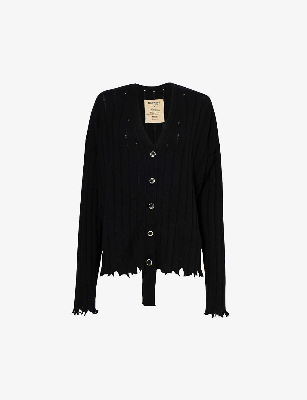 Shop Uma Wang Distressed-trim V-neck Cashmere Knitted Cardigan In Black