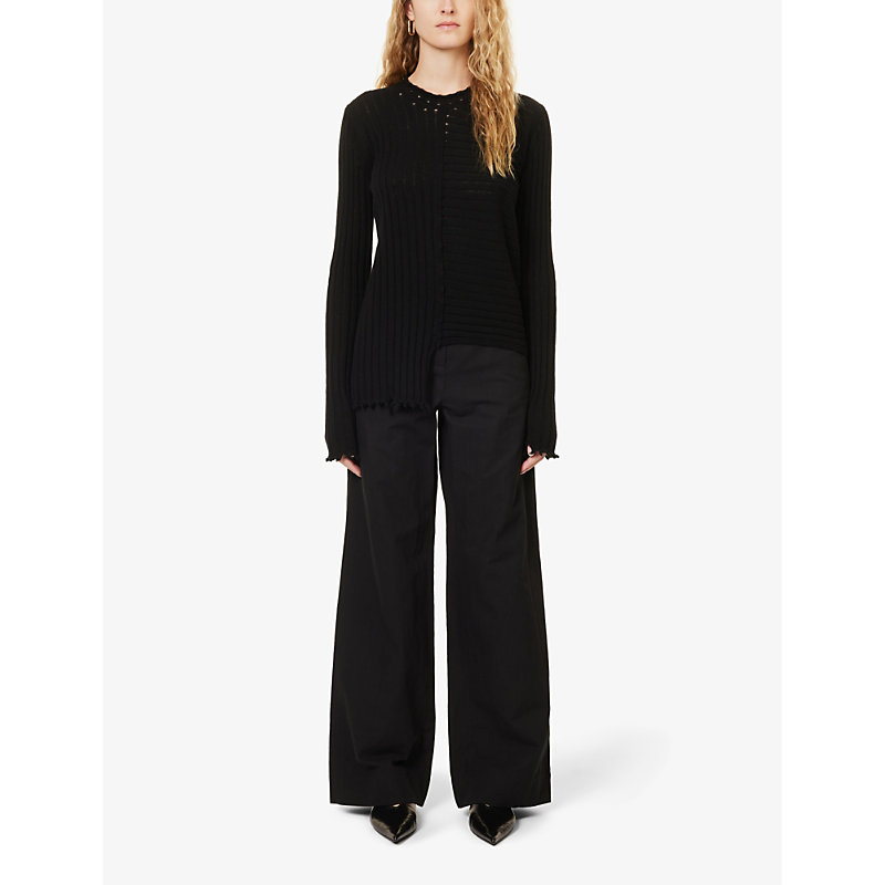 Shop Uma Wang Women's Black Distressed-trim Asymmetric-hem Cashmere Knitted Top