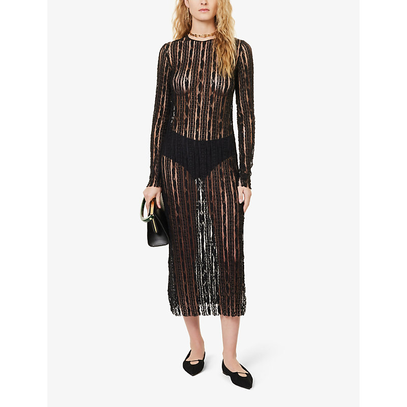 Shop Uma Wang Women's Black Long-sleeved Stripe-pattern Lace Midi Dress