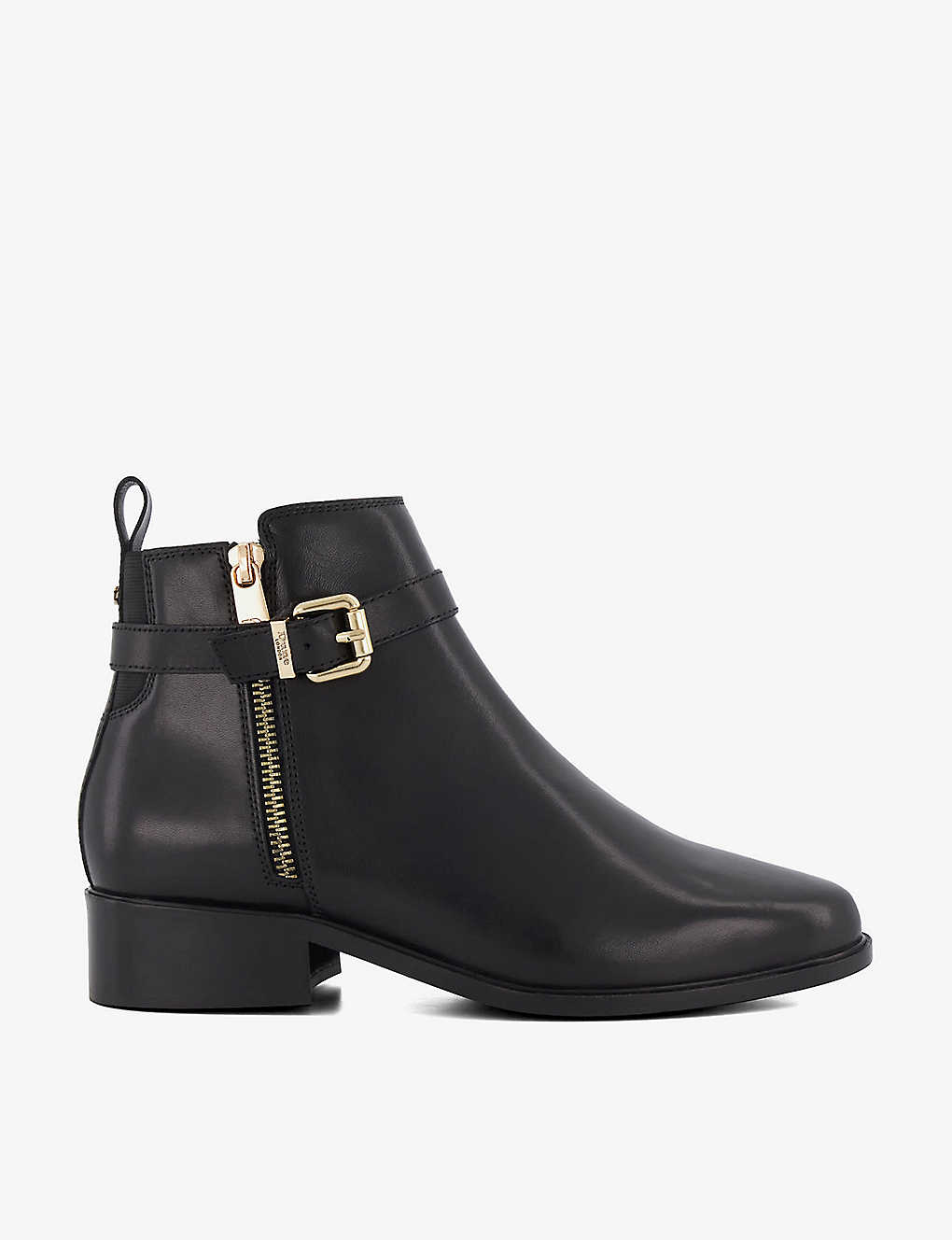 Dune Womens Black-leather Pepi Buckle-embellished Leather Ankle Boots