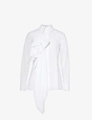Alberta Ferretti Women's White Floral-appliqué Pleated Stretch-cotton Blouse