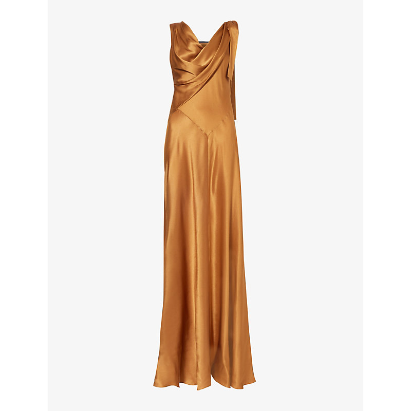 Alberta Ferretti Womens Brown Asymmetric Sleeveless Satin Maxi Dress