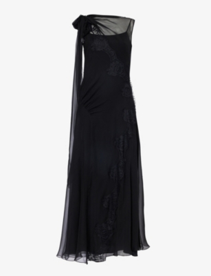 Alberta Ferretti Womens Black Sleeveless Lace-trim Silk Maxi Dress