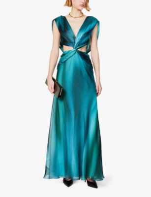 Shop Alberta Ferretti Women's Fantasy Print Green Twist-design Open-back Silk Maxi Dress