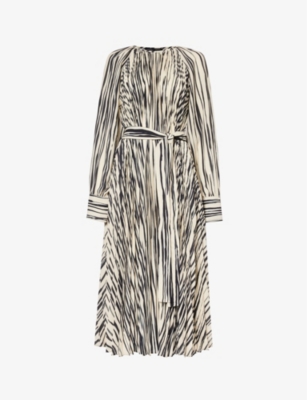 Proenza Schouler Carol Stripe Pleated Belted Midi Dress In Ecru Multi