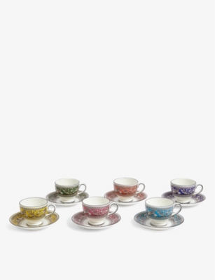 WEDGWOOD: Florentine Turquoise bone-china teacup and saucer set of six