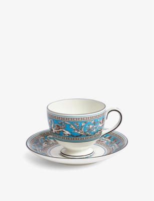 Wedgwood Florentine Turquoise Bone-china Teacup And Saucer In Blue